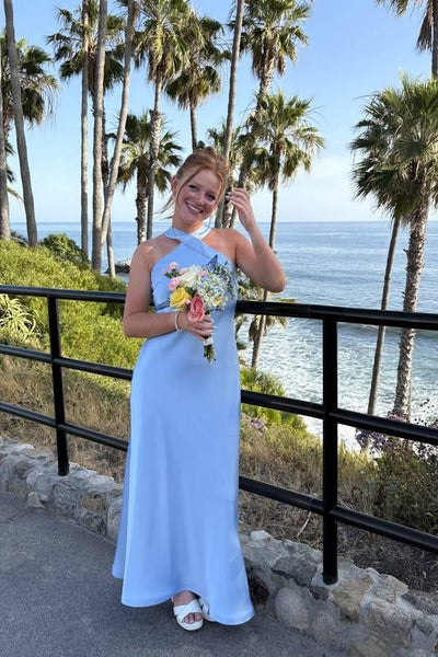 Halter Light Blue Satin Column Long Dress