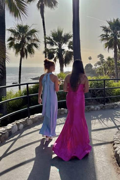 Halter Light Blue Satin Column Long Dress