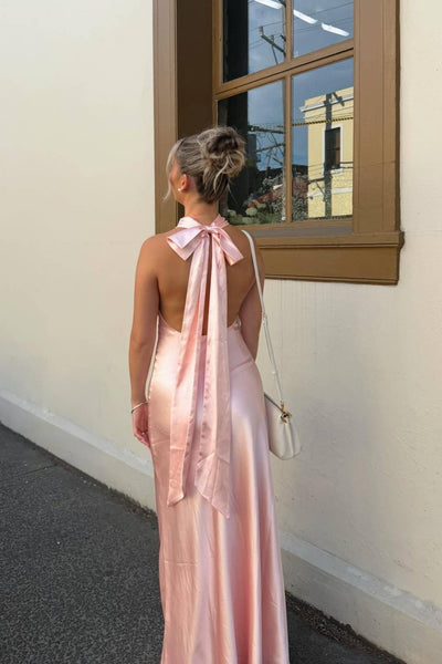 Halter Light Pink Open Back Long Dress