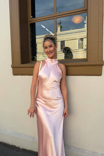 Halter Light Pink Open Back Long Dress