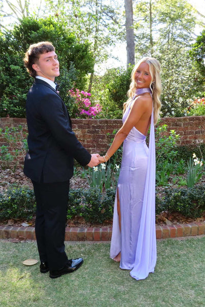 Halter Lilac Backless Long Dress with Train