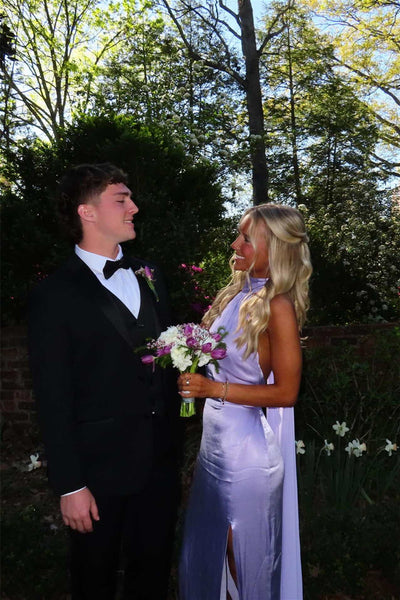 Halter Lilac Backless Long Dress with Train