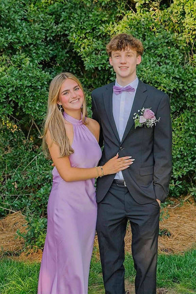 Halter Lilac Cowl Back Satin Long Dress