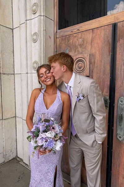 Halter Lilac Lace Mermaid Long Dress with Slit