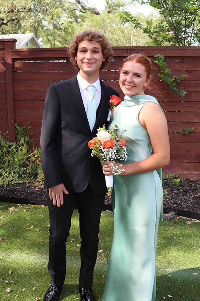Halter Sage Green V-cut Back Sheath Long Dress