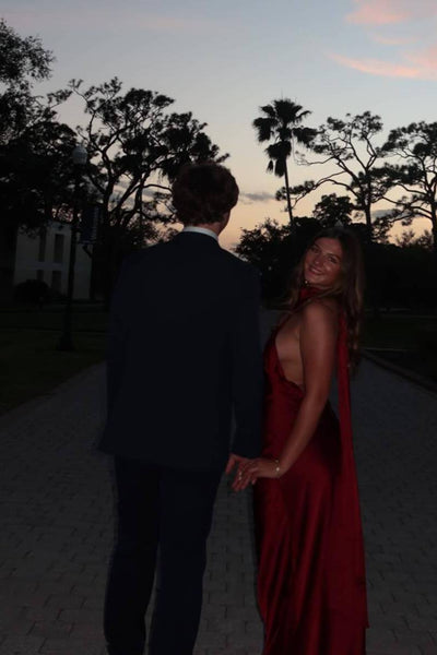 Halter Tie Neck Burgundy Open Back Long Dress