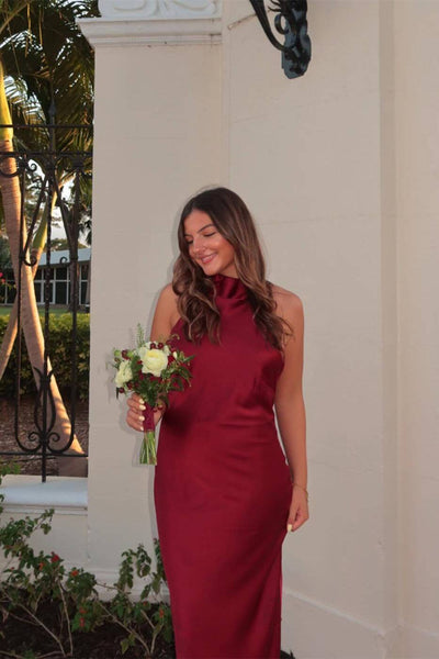 Halter Tie Neck Burgundy Open Back Long Dress