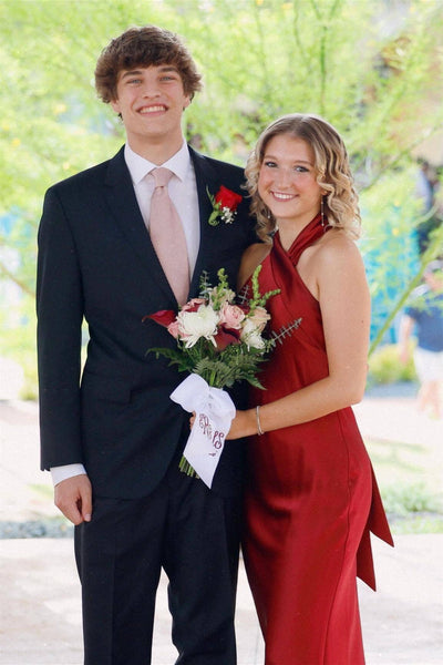 Halter Tie Neck Pink Satin Sheath Long Dress
