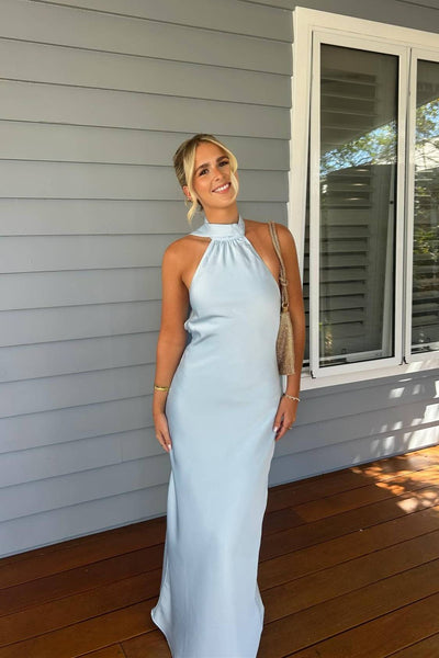 Halter Light Blue Open Back Sheath Long Dress