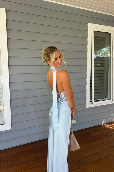 Halter Light Blue Open Back Sheath Long Dress