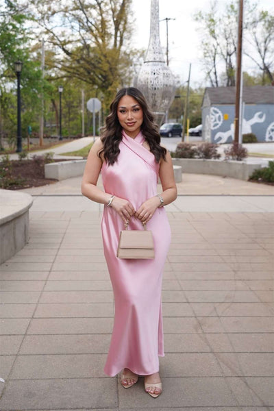 Halter Tie Neck Pink Satin Sheath Long Dress
