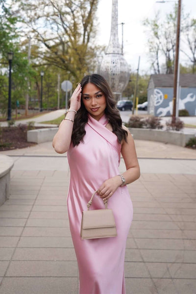 Halter Tie Neck Pink Satin Sheath Long Dress