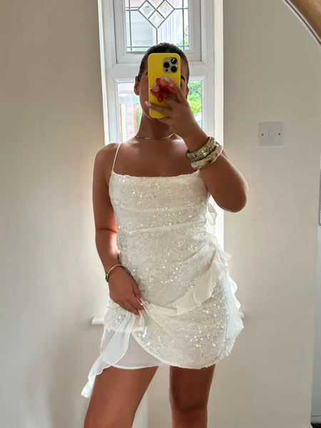 Spaghetti Straps Sleeveless Sequin Mini Prom Dress