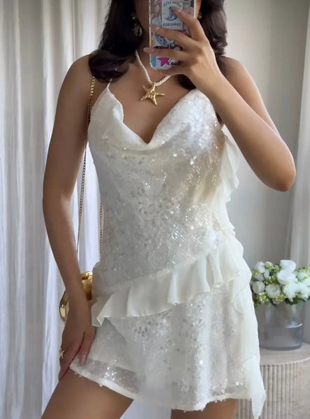 Spaghetti Straps Sleeveless Sequin Mini Prom Dress