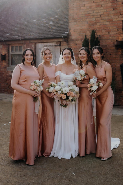 High Neck Peach Cowl Back Bridesmaid Dress