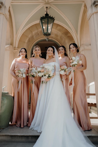 High Neck Peach Cowl Back Bridesmaid Dress