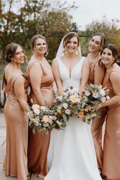High Neck Peach Cowl Back Bridesmaid Dress