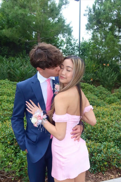 Off the Shoulder Pink Satin Sheath Short Dress