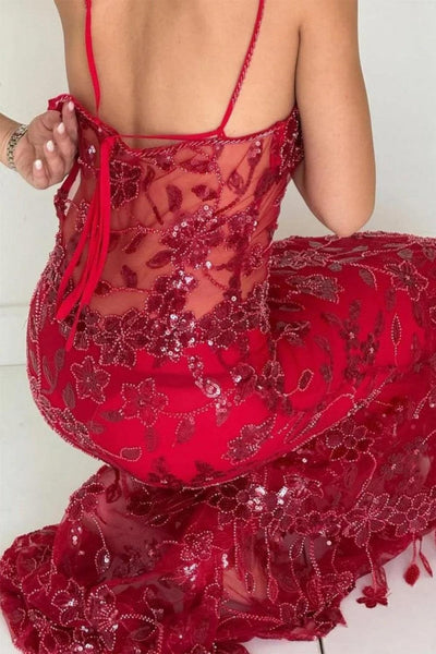 Hot Mermaid Spaghetti Straps Red Long Prom Dress With Embroidery Formal Evening Gown