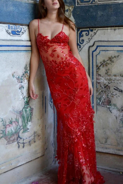 Hot Mermaid Spaghetti Straps Red Long Prom Dress With Embroidery Formal Evening Gown