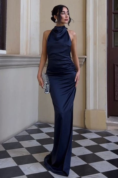 Hot Mermaid Halter Neck Dark Green Satin Long Party Dress with Open Back
