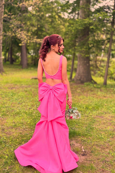 Hot Pink Back Bow Two-piece Long Dress with Pearl