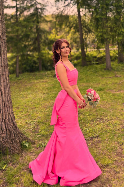 Hot Pink Back Bow Two-piece Long Dress with Pearl
