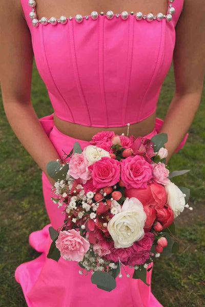 Hot Pink Back Bow Two-piece Long Dress with Pearl