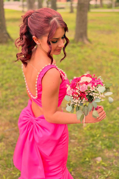 Hot Pink Back Bow Two-piece Long Dress with Pearl