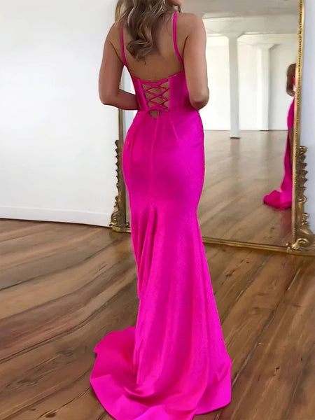 Hot Pink Lace-Up Back Corset Shimmer Prom Dresses with Slit VK26031513