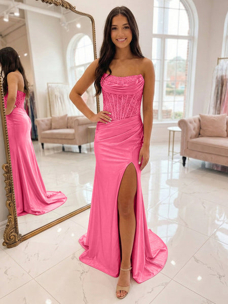 Romantic Pink Satin Corset Slit Prom Dress with Beaded Bodice