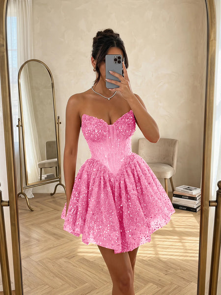 Sequin Strapless Sweetheart Mini Homecoming Dress with Ruffled Skirt