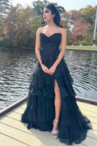 Strapless Blue Appliques Tiered Long Dress with Slit
