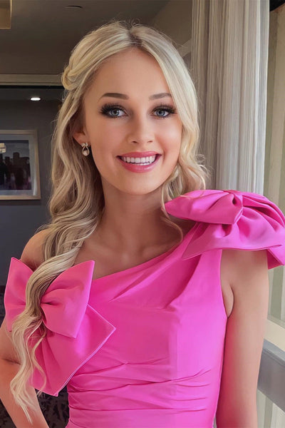 Hot Pink One Shoulder Sheath Homecoming Dress with Bows VK23061703-2