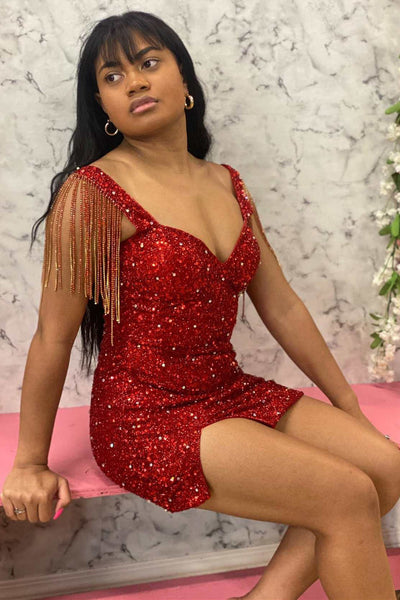 Hot Pink Sequin V Neck Short Tight Homecoming Dress with Slit VK23092102