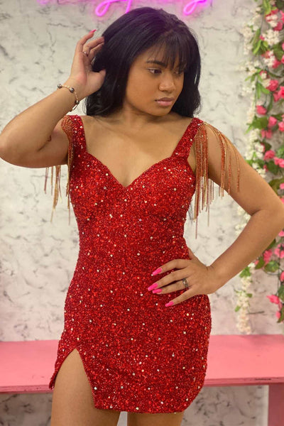 Hot Pink Sequin V Neck Short Tight Homecoming Dress with Slit VK23092102