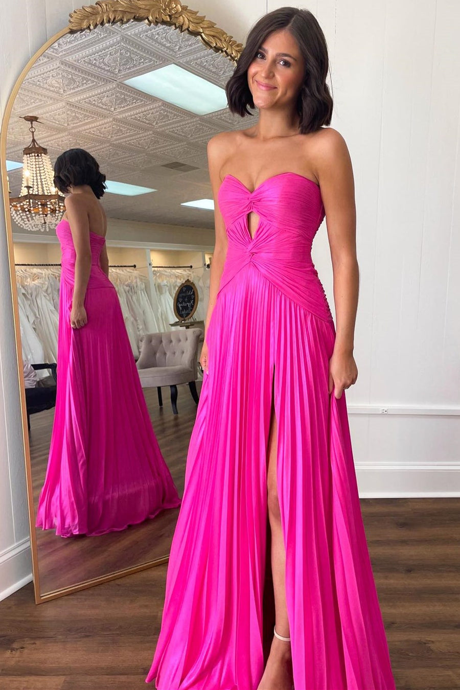 Hot Pink Strapless Keyhole Pleated A-Line Prom Dress VK23122704-1