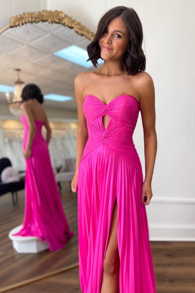 Hot Pink Strapless Keyhole Pleated A-Line Prom Dress VK23122704-3