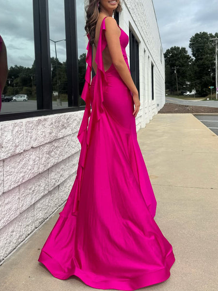 Hot Pink V-Neck Prom Dress with Cascading Back Ruffle
