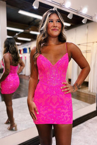 Hot Pink V Neck Sequin Lace Bodycon Short Homecoming Dress VK23090706-1