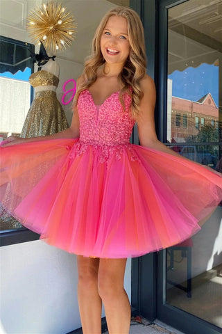 Hot Pink V Neck Straps Appliques Tulle Homecoming Dress VK23082111-1