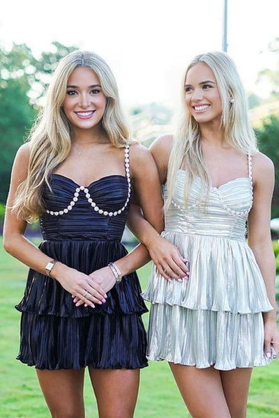 Straps White Pearl Ruffles Pleated Short Dress