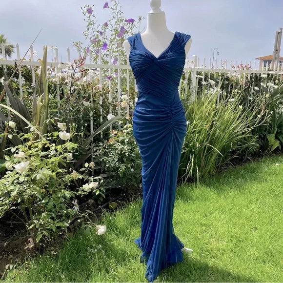 Vintage Fashion Mermaid V Neckline Navy Blue Floor Length Evening Dress Prom Dresses VK18801
