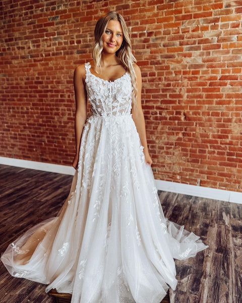 Tulle Lace Appliqued Boho Wedding Dresses A Line Corset Beach Wedding Gowns