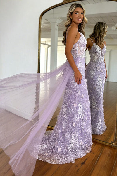 Lavender Floral Embroidered Mermaid Prom Dress With Sheer Bodice & Train Formal Evening Gown