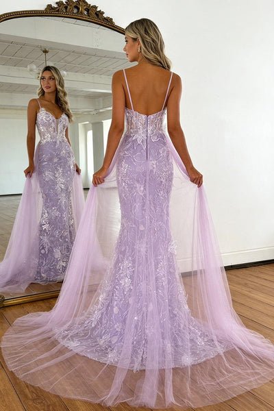 Lavender Floral Embroidered Mermaid Prom Dress With Sheer Bodice & Train Formal Evening Gown