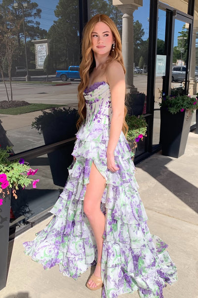 Gorgeous A Line Sweetheart Leopard Printed Tiered Prom Dress with Slit VK26010711