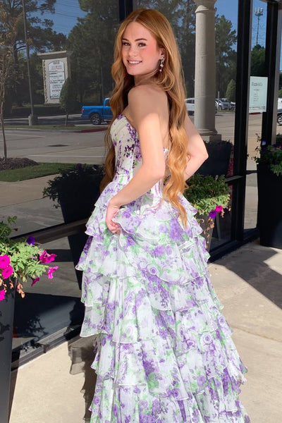 Cute A Line Sweetheart Pink Floral Chiffon Tiered Prom Dress VK011509