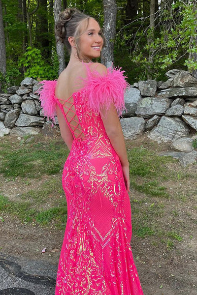 Lavender Mermaid V Neck Sequin Lace Long Prom Evening Dresses with Feather VK23090910
