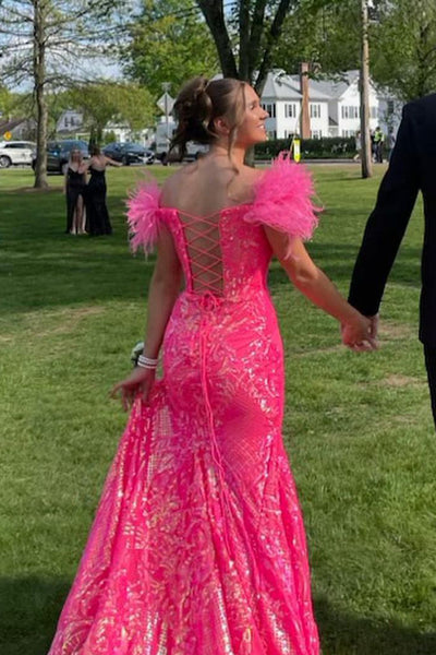 Lavender Mermaid V Neck Sequin Lace Long Prom Evening Dresses with Feather VK23090910